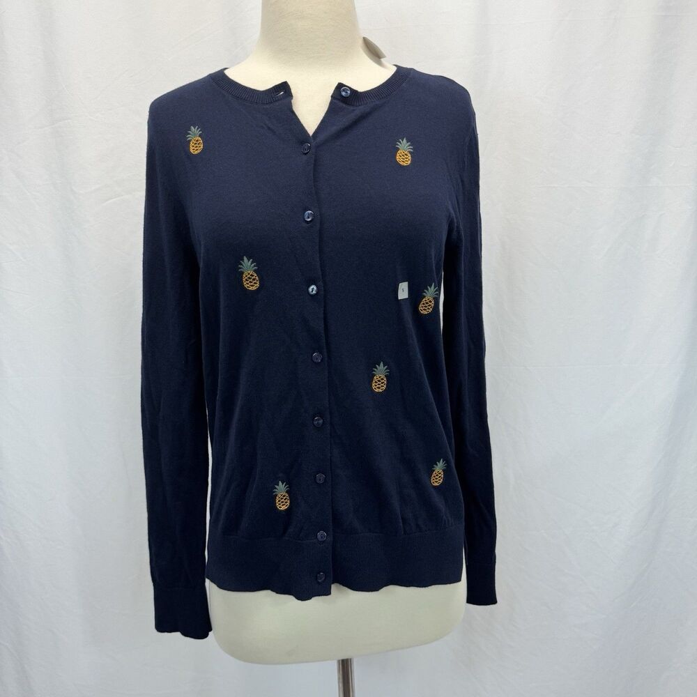 Loft Pineapple Embroidered Cardigan Sweater S Cotton Lightweight Preppy Office